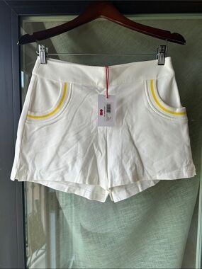 SOLID & STRIPED White High-Waist Knit Shorts with Yellow Pocket Trim